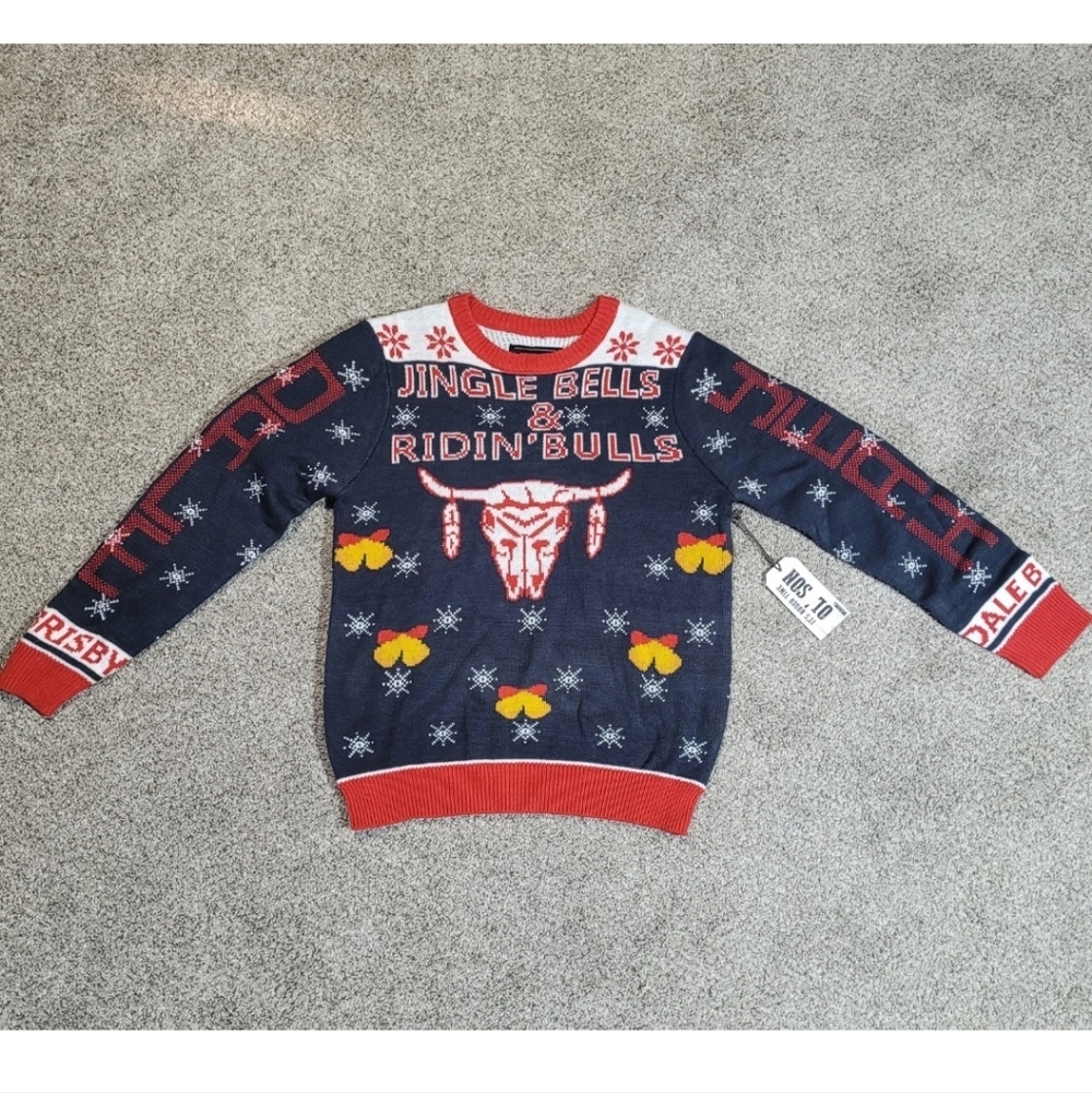 Rock & Roll Denim Dale Brisby Sz Medium Jingle Bells Ridin Bulls Novelty Sweater